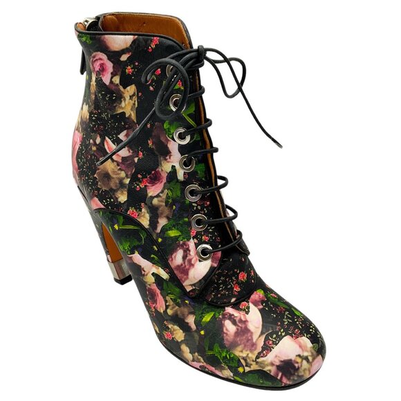 Givenchy Black Multi Floral Printed Leather Lace-Up Boots - Picture 1 of 7